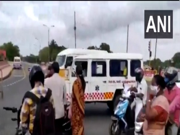 Ambulance along with other commuters stopped for VIP convoy to pass in Chennai. Photo/ ANI