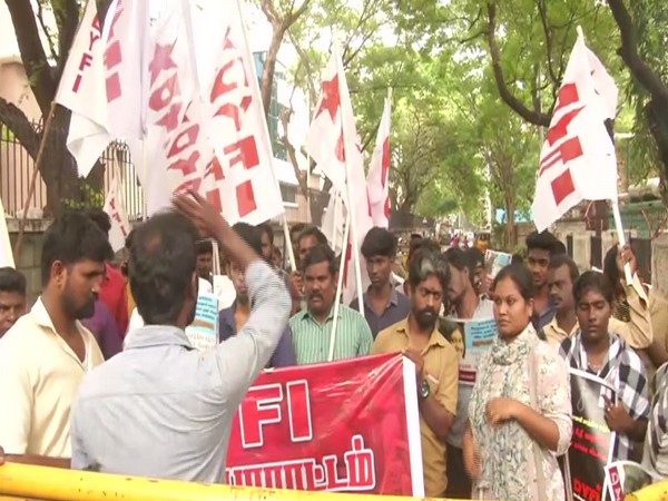 Democratic Youth Federation of India (DYFI) protest at Shastri Bhavan in Chennai. Photo/ANI