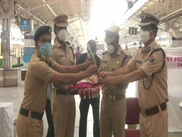 31 RPF personnel who recovered from COVID-19 were welcomed at Chennai Central suburban station on Monday. (Photo/ANI)