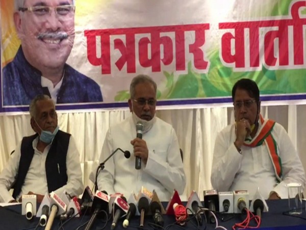 Chhattisgarh Chief Minister Bhupesh Baghel speaking at a press conference in Gwalior, Madhya Pradesh. 
