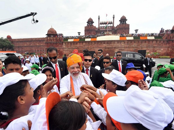 Prime Minister Narendra Modi meeting with children after his speech at Red Fort in New Delhi in 2019.