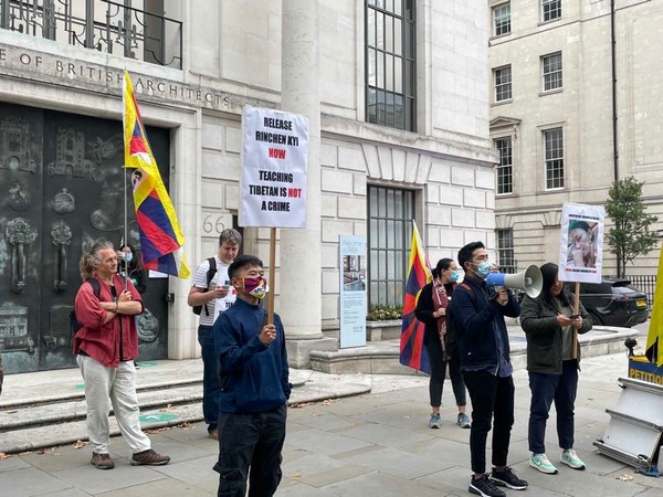 Tibetan activist groups protest outside the Chinese Embassy in London on Tuesday
