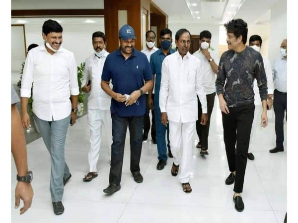 Actor Chiranjeevi K with Telangana Chief Minister K Chandrashekar Rao. 