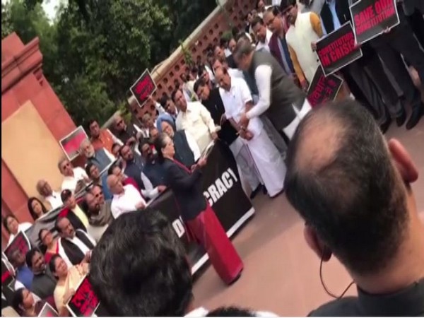 Visuals from Opposition protest outside Parliament on Tuesday. 