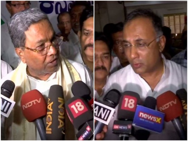Congress leaders Siddaramaiah and Dinesh Gundu Rao speaking to media persons in Bengaluru on Saturday. Photo/ANI