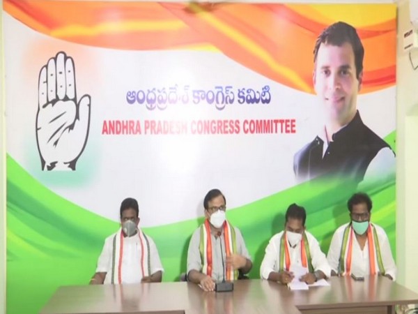 A visual of the Andhra Pradesh Congress Committee press conference held on Monday. (Photo/ANI)