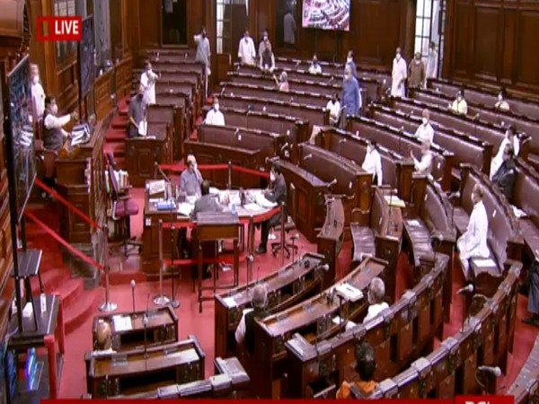 Visuals from the Rajya Sabha during discussion on agriculture bills on Sunday. (Photo/ANI)