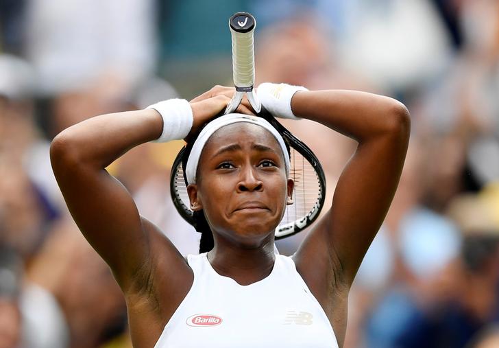 Cori Gauff celebrates winning her first round match against Venus Williams on Monday.