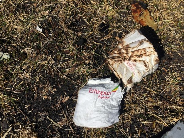 Cabin serviettes seen at the site of Ethiopian Airlines Flight ET 302 plane crash, near the town of Bishoftu, south-east of Addis Ababa, Ethiopia, on Sunday.