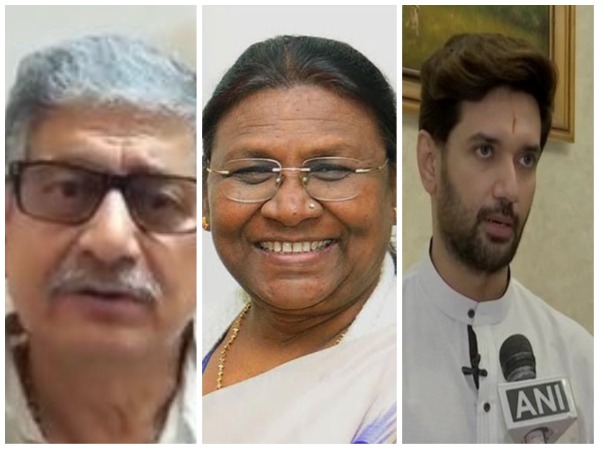 JDU president Rajiv Ranjan (Lalan) Singh (left), Draupadi Murmu (middle), Lok Jan Shakti Party (Ram Vilas) president Chirag Paswan (right)