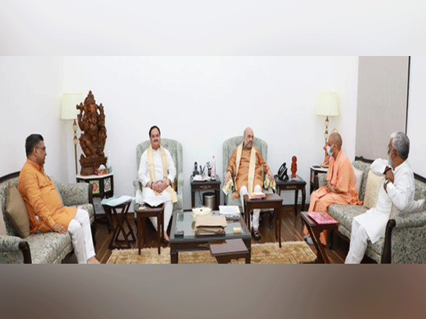 Amit Shah and JP Nadda during a meeting with Yogi Adityanath in Delhi on Thursday.