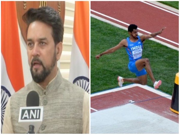 Union Sports Minister Anurag Thakur hails CWG silver medallist M Sreeshankar (Photo/ANI)