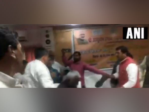 Visual of the brawl that took place during a meeting in Sant Kabir Nagar on Wednesday,