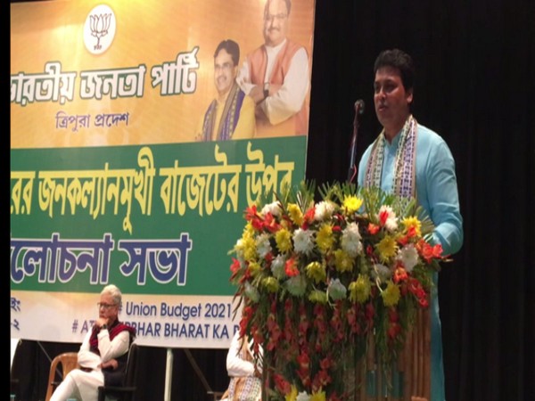Chief Minister of Tripura Biplab Kumar Deb speaking at an event in Agartala on Saturday (Photo/ ANI)