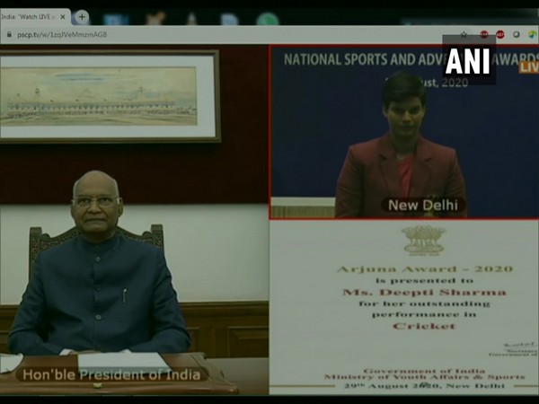 Indian women's cricketer Deepti Sharma receiving the Arjuna Award from President Ram Nath Kovind in a virtual event. Photo/ANI