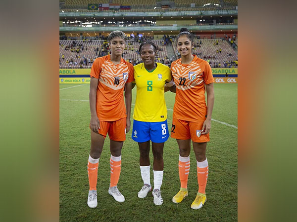 India's Manisha Kalyan with Brazilian legend Formiga and India's Ritu Rani (Image: AIFF)