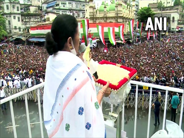 TMC supremo and West Bengal CM Mamata Banerjee Addressing the public gathered at TMC's Martyr's Day Rally in Kolkata's Esplanade. (ANI/photo)