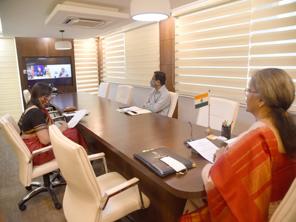 Visual of Finance Minister Nirmala Sitharaman in a virtual meeting with the Ministry of Foreign Affairs, Portugal