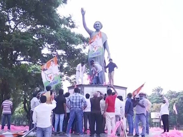 Youth Congress staging a protest at India Gandhi's statue in Telangana (Photo/ANI)