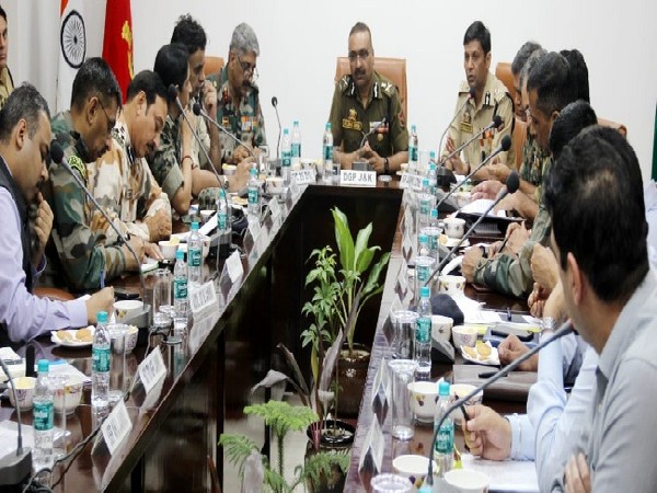 DGP Dilbag Singh chairing a high level meeting at the Police Control room in Jammu on Wednesday.