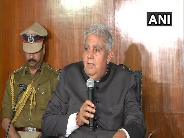 Governor Jagdeep Dhankar speaking to reporters in Kolkata on Wednesday. 