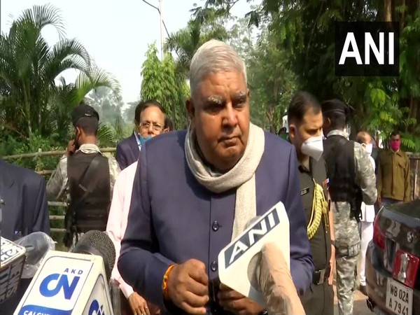 Governor Jagdeep Dhankhar speaking to reporters in Kolkata on Sunday.