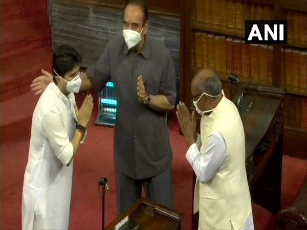 BJP leader Jyotiraditya Scindia greeted Congress leaders Digvijaya Singh ad Ghulam Nabi Azad in Rajya Sabha on Wednesday.