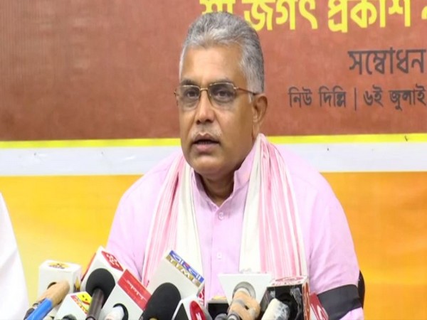 West Bengal BJP chief Dilip Ghosh addressing a press conference in Kolkata on Tuesday. [Photo/ANI]