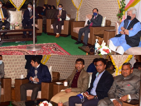 Visual of Jammu and Kashmir Lieutenant Governor, Manoj Sinha interacting with officials (Photo/ANI)