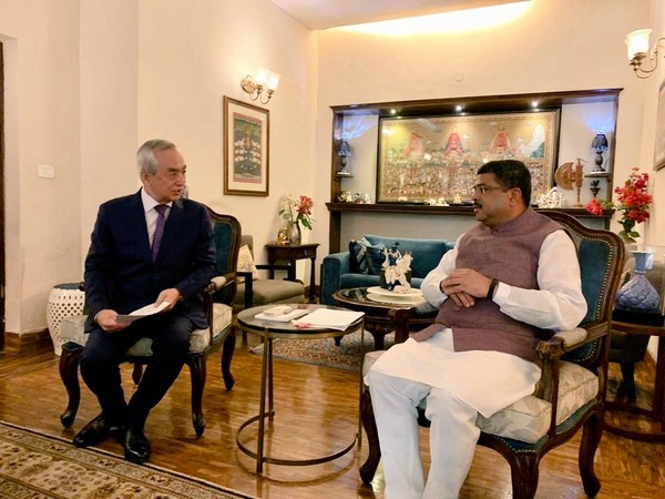 Union Minister of Steel Dharmendra Pradhan met Japanese Ambassador HE Kenji Hiramatsu in New Delhi on Tuesday. Photo/ANI