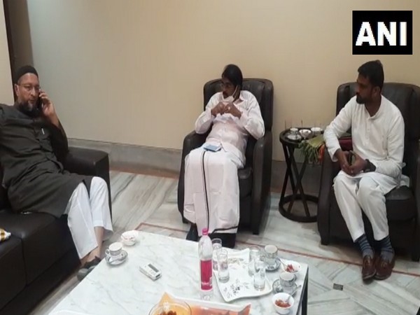 A visual from the meeting between DMK leaders and AIMIM chief Asaduddin Owaisi in Hyderabad. (Photo/ANI)