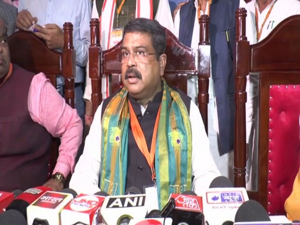 Union Minister Dharmendra Pradhan speaking to reporters in Kanpur on Saturday. (Photo/ANI)