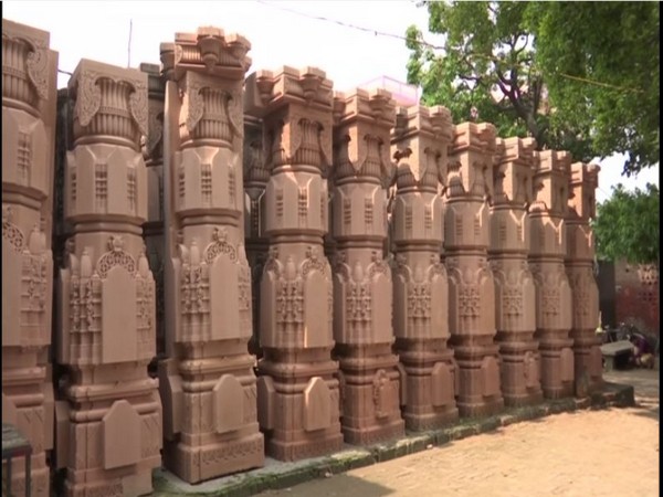 Carved sandstone pillars at the stone-carving workshop of Ram Janambhoomi in Ayodhya. (Photo/ANI)