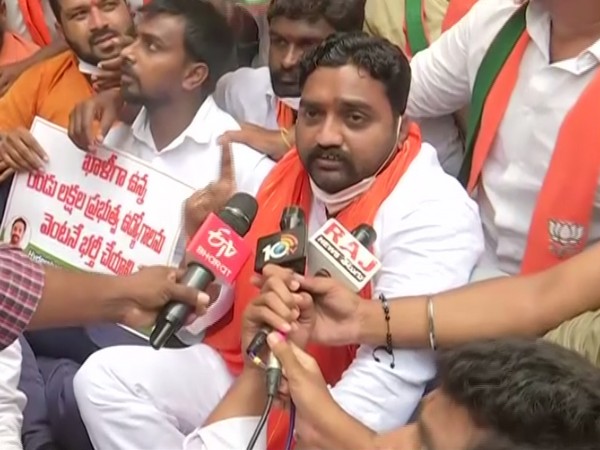 Bhanu Prakash, BJYM Telangana state president, protesting on Tuesday.