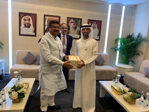Union Minister of Petroleum and Natural Gas Dharmendra Pradhan with UAE Minister of Energy and Industry Suhail Al Mazroui in Abu Dhabi on Tuesday. Photo/ANI