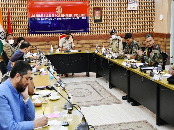 Director-General of Police (DGP) Jammu and Kashmir in a metting with officers on Saturday. Photo/ANI