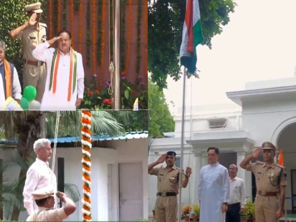 Union Ministers JP Nadda, Kiren Rijiju and S Jaishankar hoisted national flag on the occasion of Independence Day. (Photo/ANI)