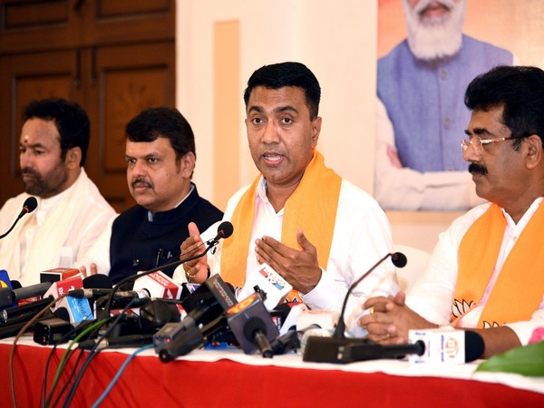 Goa Chief Minister Pramod Sawant addressing a press conference held after Goa Assembly Election results, in Panaji on Thursday (File photo/ANI)