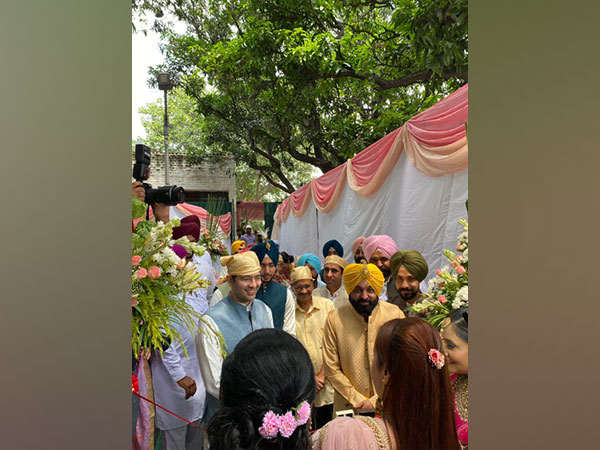 Raghav Chadda and Arvind Kejriwal at Bhagwant Mann's wedding in Chandigarh.