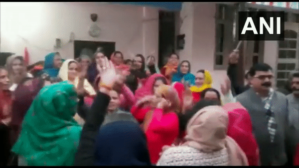 Visuals of celebration from Sukhvinder Sukhu's native village village in Nadaun  (Photo/ANI)