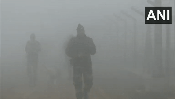 As visibility reduces due to fog, alertness of troops increases at the Attari-Wagah border in Punjab's Amritsar (Photo/ANI)