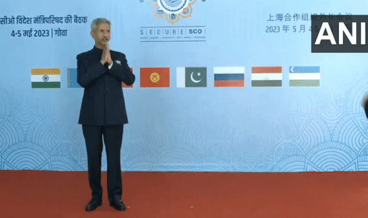 EAM S Jaishankar and Chinese FM Qin Gang greet each at SCO FMM in Goa on Thursday. (Photo/ANI)