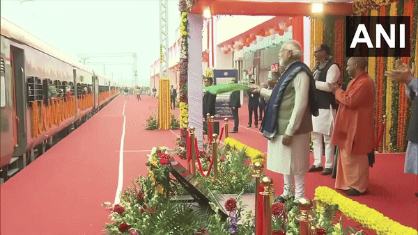 PM Modi flags of two Amrit Bharat, six Vande Bharat trains from Ayodhya Dham Station (Photo/ANI)