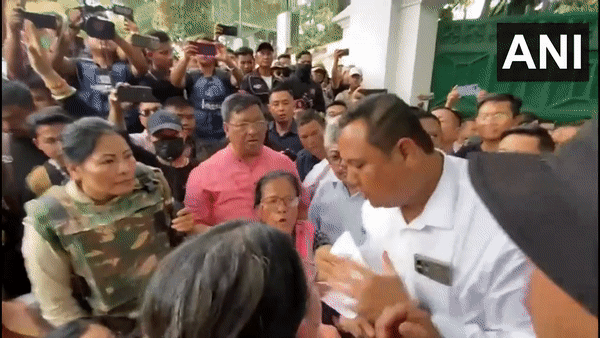 Manipur locals gather near CM Biren Singh residence (Photo/ANI)
