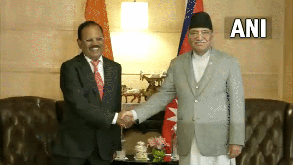 National Security Advisor Ajit Doval meets Nepal Prime Minister Pushpa Kamal Dahal. (Photo: ANI)