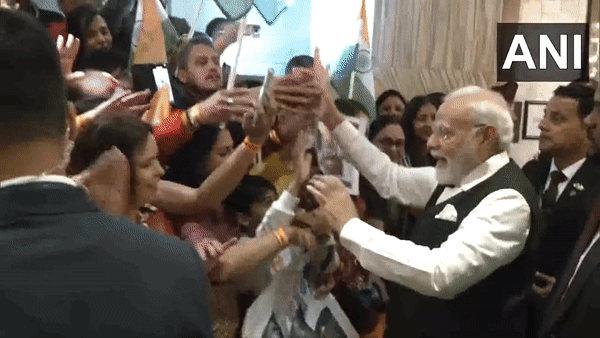 PM Modi receives rousing welcome by Indian community in South Africa. (Photo: ANI)