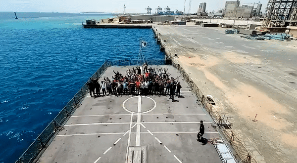 Stranded Indians from Sudan onboard INS Sumedha depart for Jeddah. (Photo: Twitter//MEA)