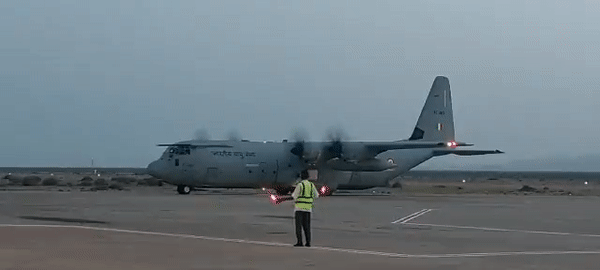 C-130J aircraft lands in Port Sudan for evacuation operations. (Photo: Twitter//MEA)
