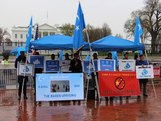Members of the East Turkistani or Uyghur diaspora protesting in front of the White House to commemorate the 32nd Anniversary of Baren Revolution