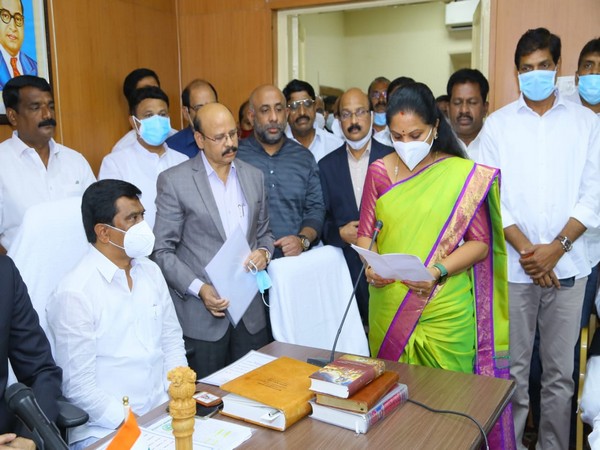 Kalvakuntla Kavitha taking oath as MLC. (Photo/ANI)